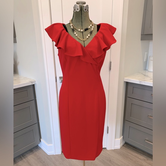 Scarlett Red - Calvin Klein Ruffle Neck Dress - sz10 - Picture 1 of 4